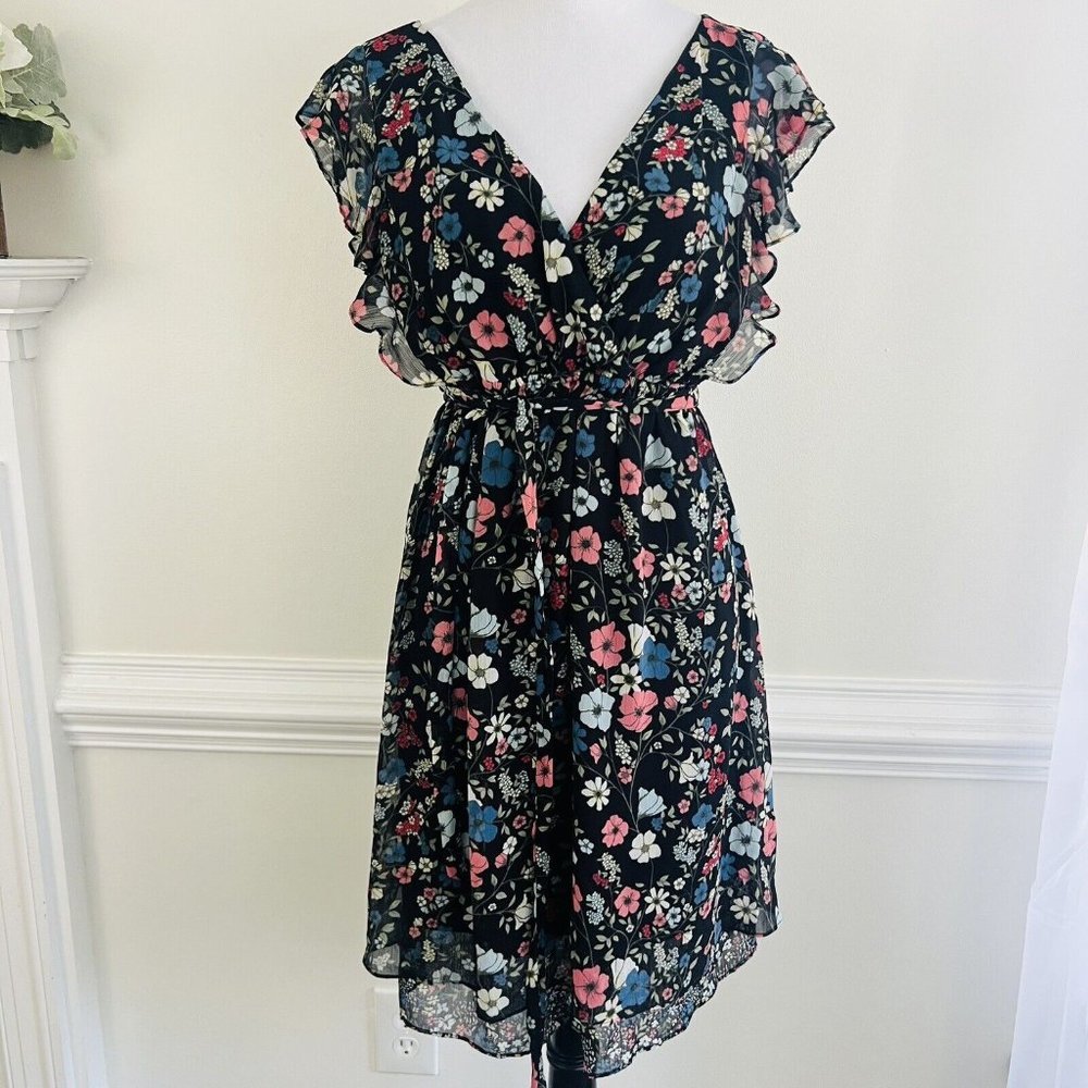 Jessica Simpson Black Red White & Blue Floral Lined Chiffon Dress ~ Size Medium